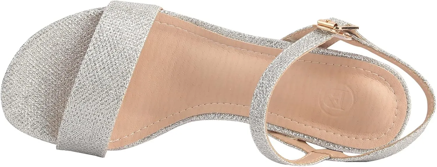 DADAWEN Women's Open Toe Ankle Strap Glitter Low Block Chunky Heels Sandals Dress Pumps Shoes
