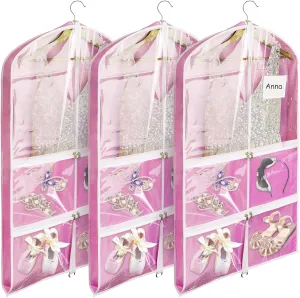 Dance Garment Bag with Zipper Pockets Set, Dance Costume Recital Competition Bags Caddy, 3PK-38" Hanging Pink Dress Cover Wardrobe Storage Bag Pack with Clear Window for Kids, Girl Dancer.