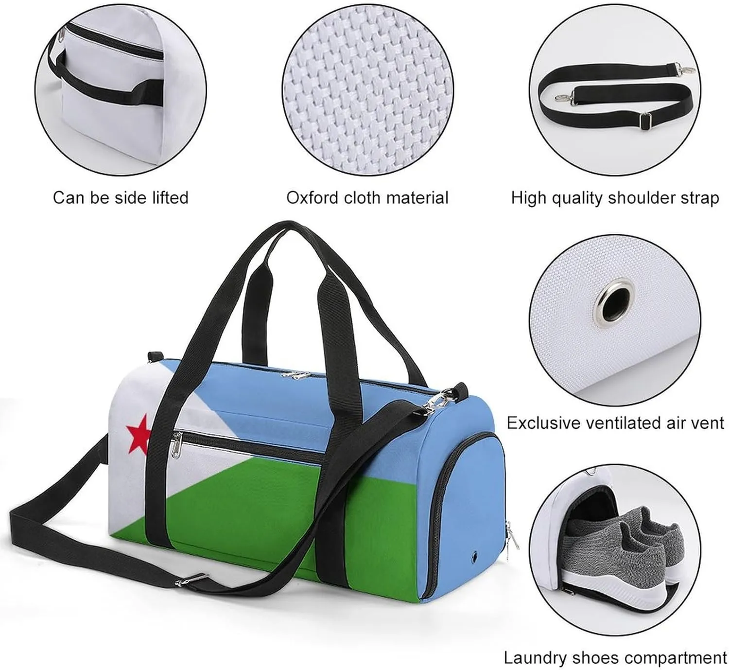 Djibouti Flag Duffel for Men Women with Shoe Compartment and Wet Pocket