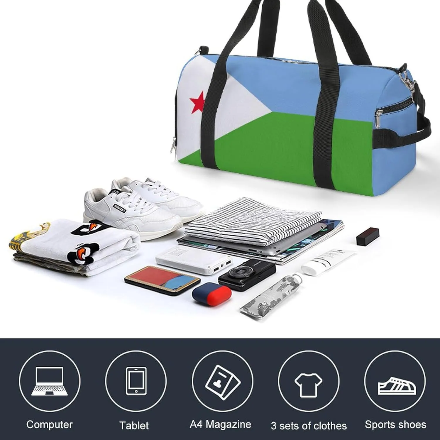 Djibouti Flag Duffel for Men Women with Shoe Compartment and Wet Pocket