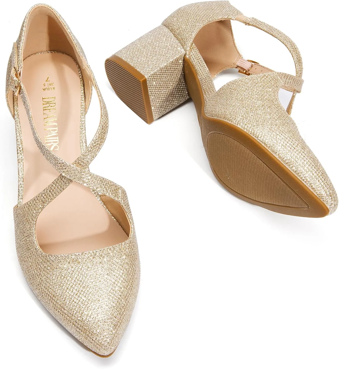 DREAM PAIRS Women's Chunky Heels Dress Pumps Closed Pointed Toe Comfort Cross Strap Block Heel Shoes for Party Dance Wedding
