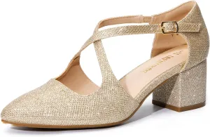 DREAM PAIRS Women's Chunky Heels Dress Pumps Closed Pointed Toe Comfort Cross Strap Block Heel Shoes for Party Dance Wedding