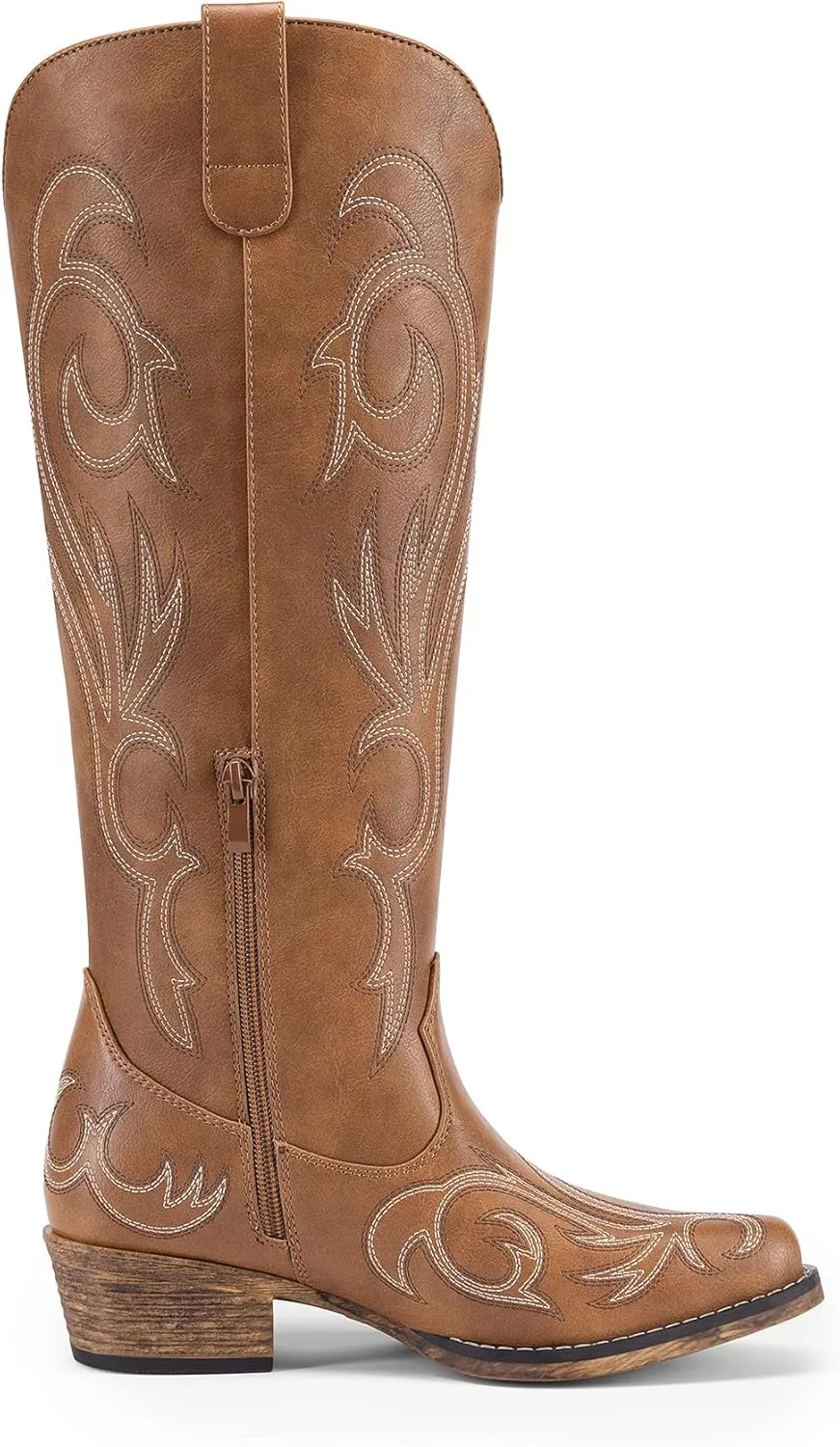 DREAM PAIRS Womens Cowboy Boots Comfortable Cowgirl Knee High Boots Pull On Side Zipper Chunky Heel Embroidered Western Boots