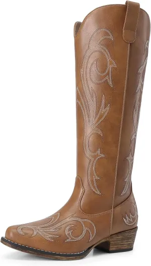 DREAM PAIRS Womens Cowboy Boots Comfortable Cowgirl Knee High Boots Pull On Side Zipper Chunky Heel Embroidered Western Boots