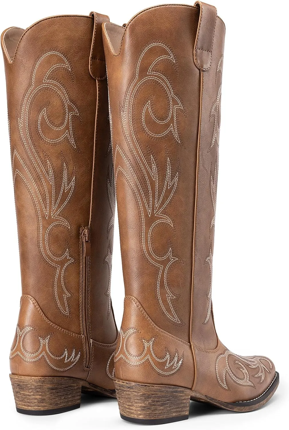 DREAM PAIRS Womens Cowboy Boots Comfortable Cowgirl Knee High Boots Pull On Side Zipper Chunky Heel Embroidered Western Boots