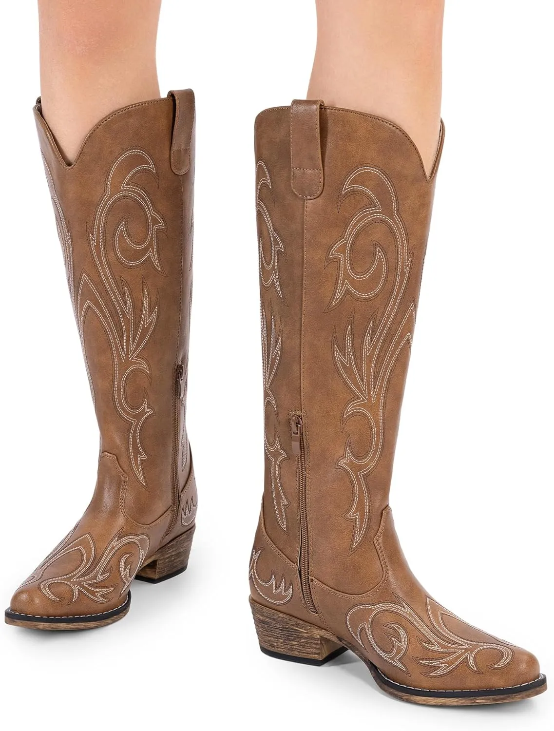 DREAM PAIRS Womens Cowboy Boots Comfortable Cowgirl Knee High Boots Pull On Side Zipper Chunky Heel Embroidered Western Boots