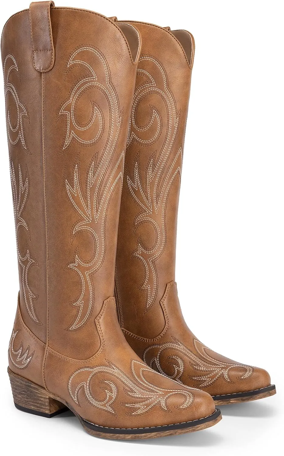 DREAM PAIRS Womens Cowboy Boots Comfortable Cowgirl Knee High Boots Pull On Side Zipper Chunky Heel Embroidered Western Boots