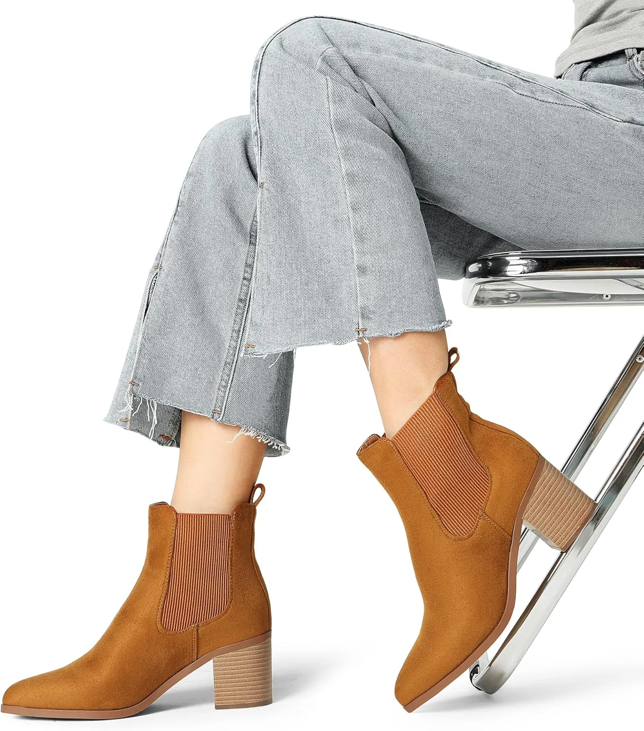DREAM PAIRS Women's Retro Elastic Chelsea Ankle Boots Fashion Low Chunky Block Heel Pointed Toe Fall Heeled Booties Shoes