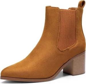 DREAM PAIRS Women's Retro Elastic Chelsea Ankle Boots Fashion Low Chunky Block Heel Pointed Toe Fall Heeled Booties Shoes