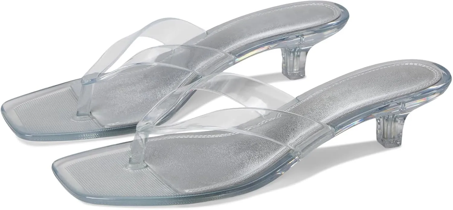 Dsevht Jelly Kitten Heel Sandals for Women Clear Square Toe Flip Flop Thong Mule Heeled Summer Beach Slip On Slide Shoes