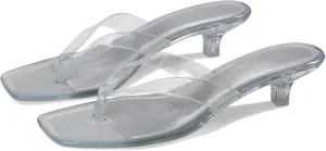 Dsevht Jelly Kitten Heel Sandals for Women Clear Square Toe Flip Flop Thong Mule Heeled Summer Beach Slip On Slide Shoes