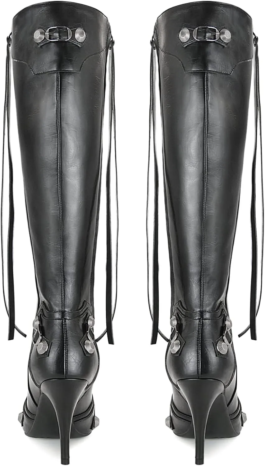 Dsevht Women's Stiletto Black Knee High Boots Sexy Pointed Toe Boot Fashion Trendy High Heel Boots Zipper