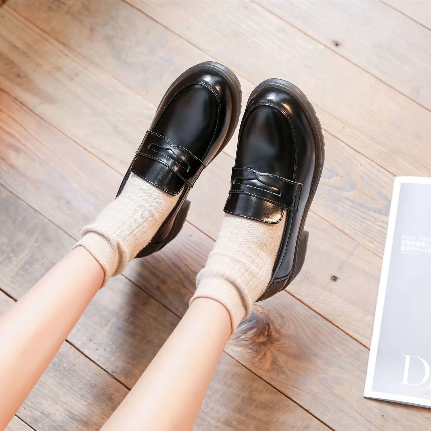 Duberess Women's Leather Penny Loafer Casual Flat Uniform Dress Shoes for Women Ladies and Girls