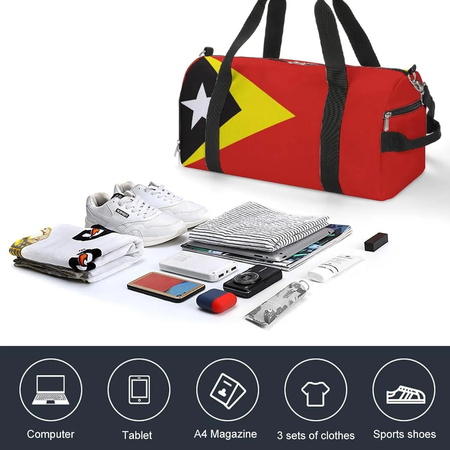 East Timor Flag Duffel for Men Women with Shoe Compartment and Wet Pocket