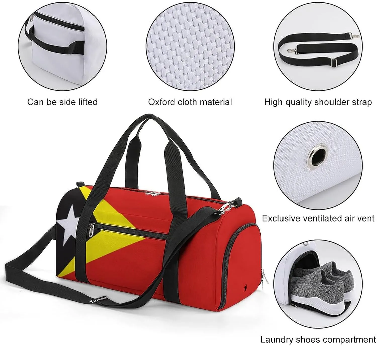 East Timor Flag Duffel for Men Women with Shoe Compartment and Wet Pocket