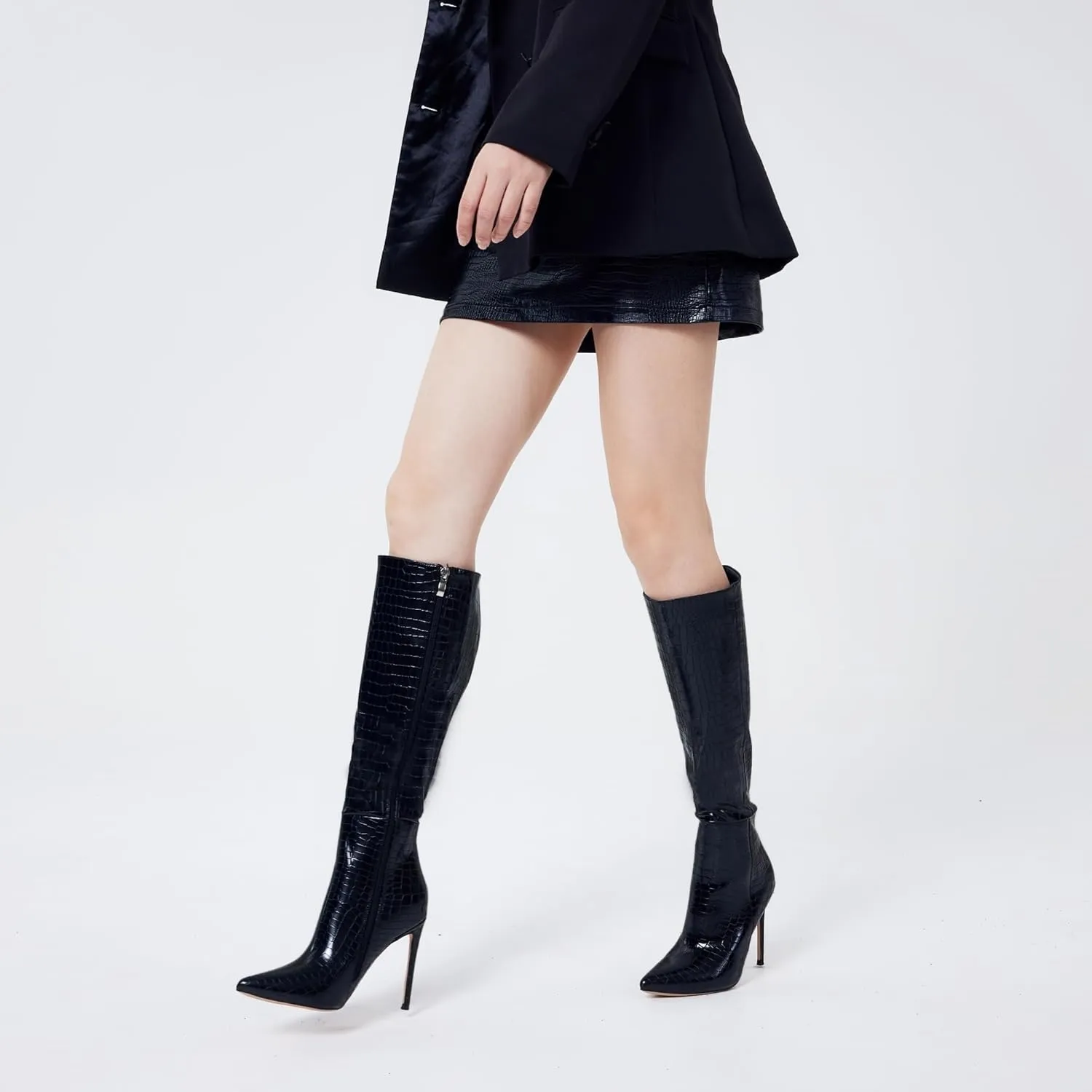 Elisabet Tang 4 inch Women's Knee High Long Boots, Stiletto Tall Pointed Toe Heeled Boot Leather Suede Comfortable Sexy