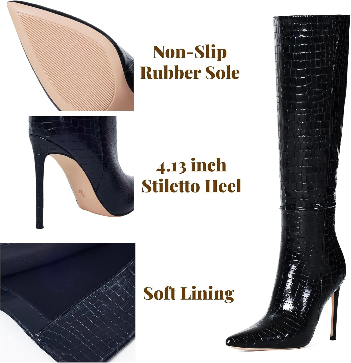 Elisabet Tang 4 inch Women's Knee High Long Boots, Stiletto Tall Pointed Toe Heeled Boot Leather Suede Comfortable Sexy