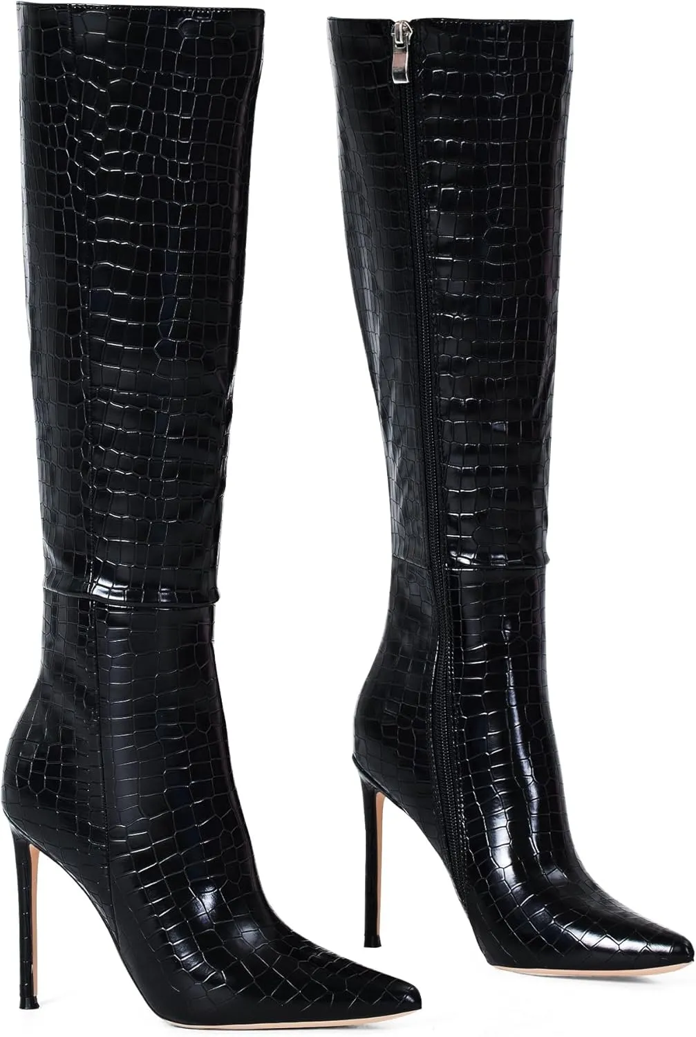Elisabet Tang 4 inch Women's Knee High Long Boots, Stiletto Tall Pointed Toe Heeled Boot Leather Suede Comfortable Sexy