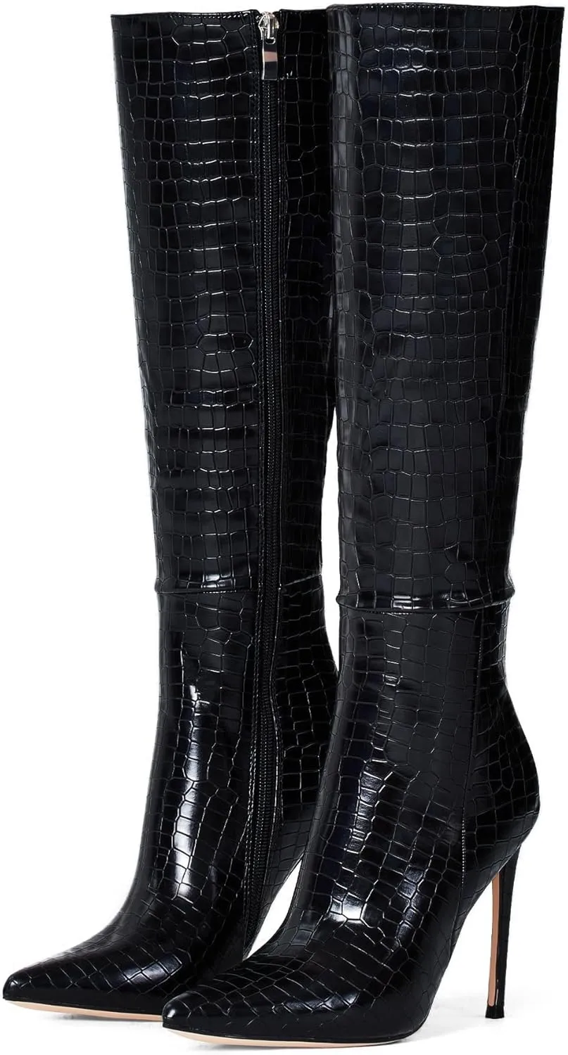 Elisabet Tang 4 inch Women's Knee High Long Boots, Stiletto Tall Pointed Toe Heeled Boot Leather Suede Comfortable Sexy