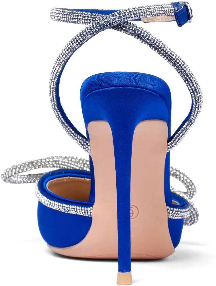 Elisabet Tang Women's High Heel Pumps,Satin Rhinestone Bowknot Lace Up Sandals Pointed Toe Ankle Buckle Straps Pump Stiletto Sandals