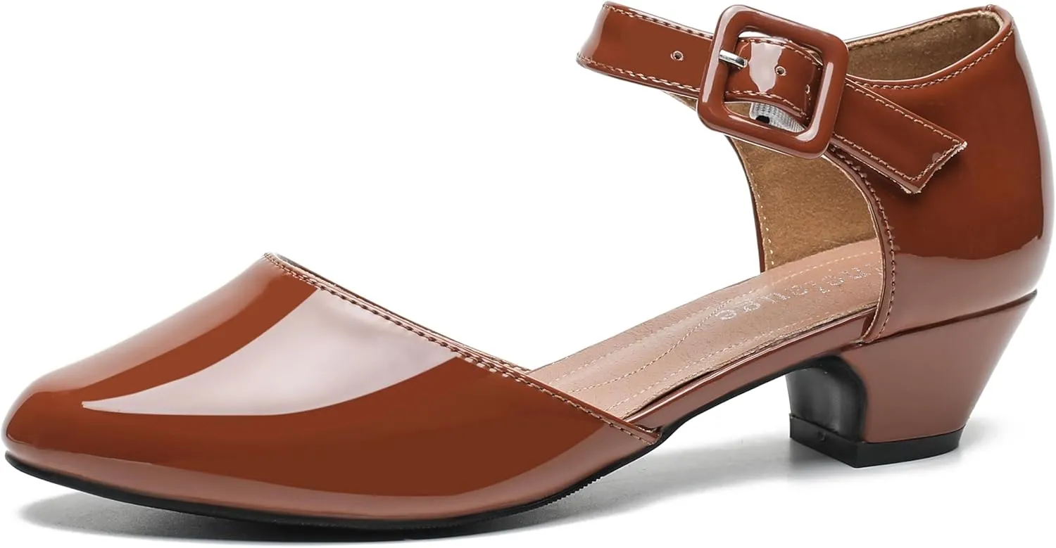 Enelauge Women's Ankle Strap Closed Toe Low Chunky Heel Dress Work Pumps