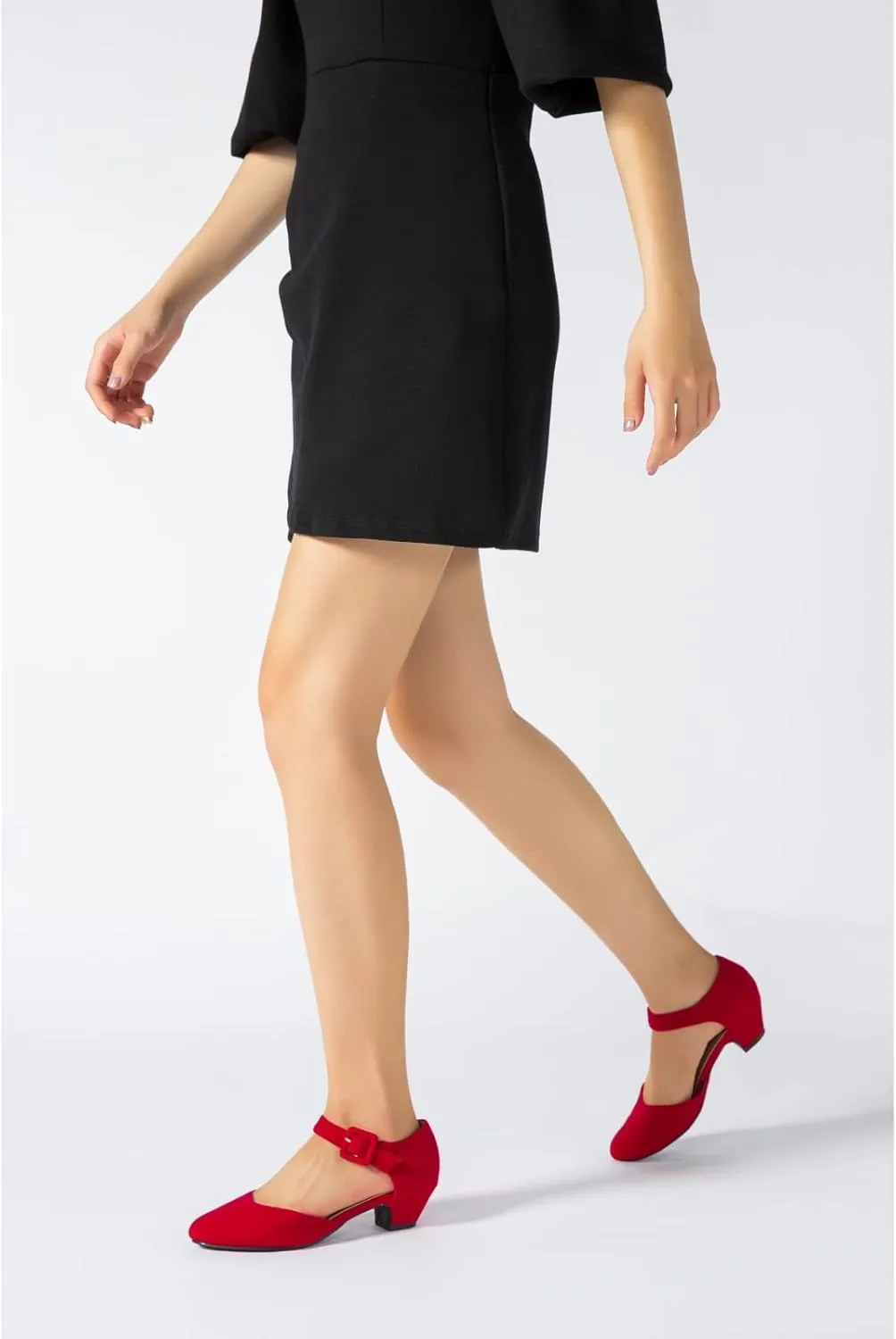Enelauge Women's Ankle Strap Closed Toe Low Chunky Heel Dress Work Pumps