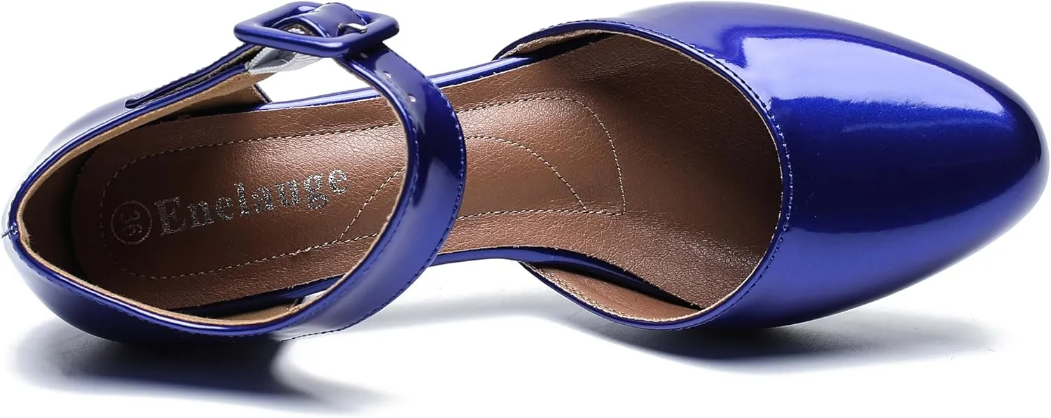 Enelauge Women's Ankle Strap Closed Toe Low Chunky Heel Dress Work Pumps