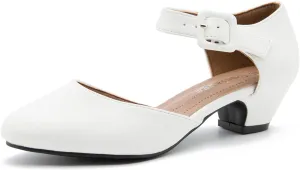 Enelauge Women's Ankle Strap Closed Toe Low Chunky Heel Dress Work Pumps