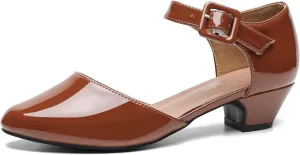 Enelauge Women's Ankle Strap Closed Toe Low Chunky Heel Dress Work Pumps