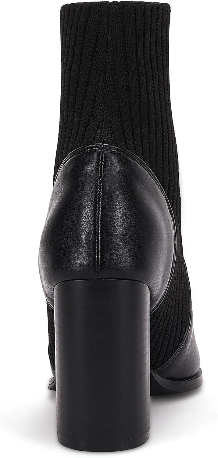 Ermonn Womens Pointed Toe High Heels Ankle Boots Zipper Block Chunky Heel Knit Elastic Fall Winter Dressy Booties