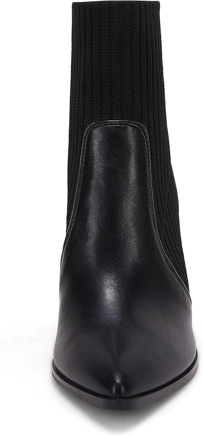 Ermonn Womens Pointed Toe High Heels Ankle Boots Zipper Block Chunky Heel Knit Elastic Fall Winter Dressy Booties
