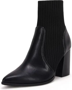 Ermonn Womens Pointed Toe High Heels Ankle Boots Zipper Block Chunky Heel Knit Elastic Fall Winter Dressy Booties