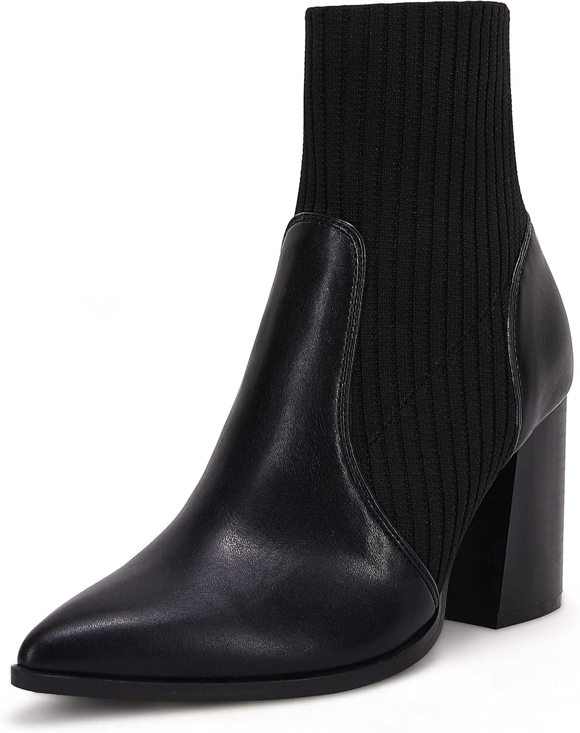 Ermonn Womens Pointed Toe High Heels Ankle Boots Zipper Block Chunky Heel Knit Elastic Fall Winter Dressy Booties