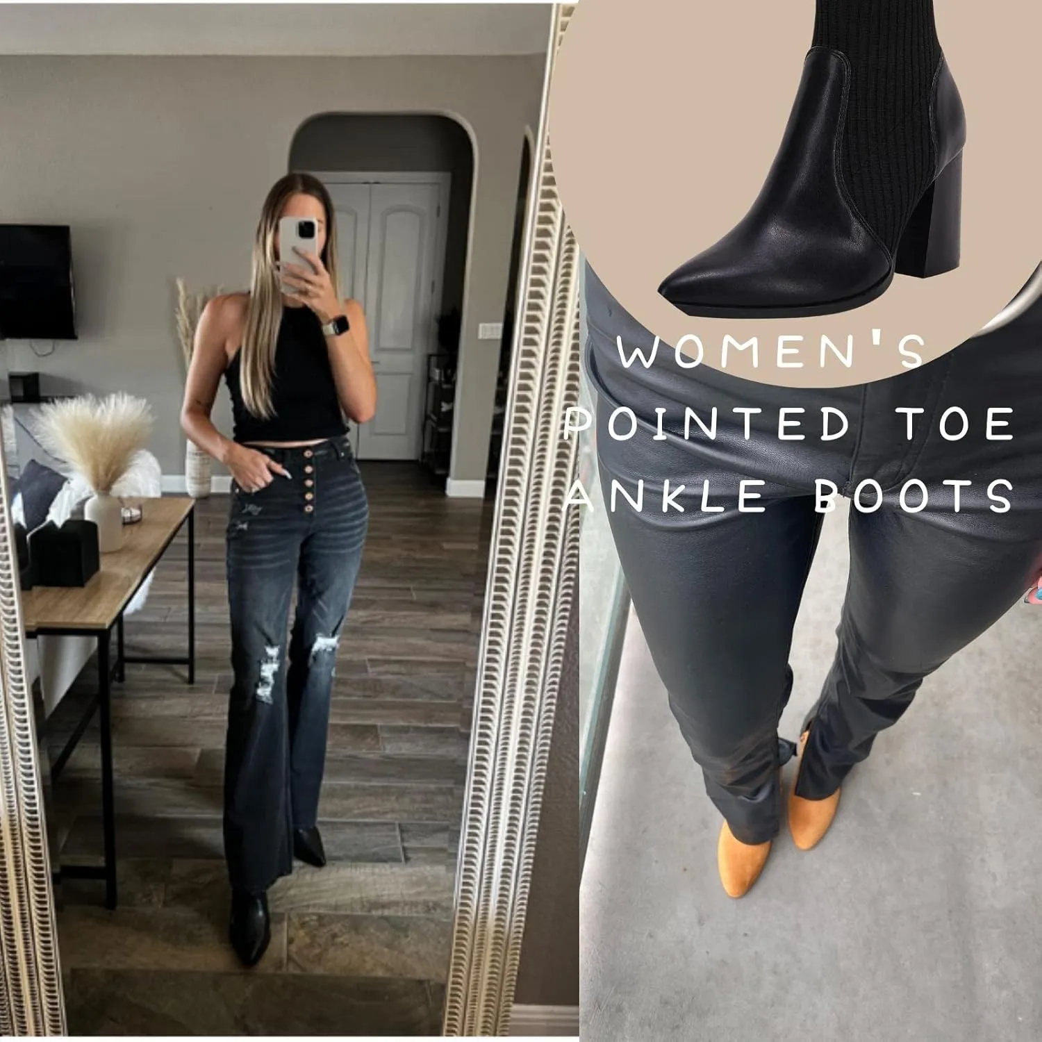 Ermonn Womens Pointed Toe High Heels Ankle Boots Zipper Block Chunky Heel Knit Elastic Fall Winter Dressy Booties