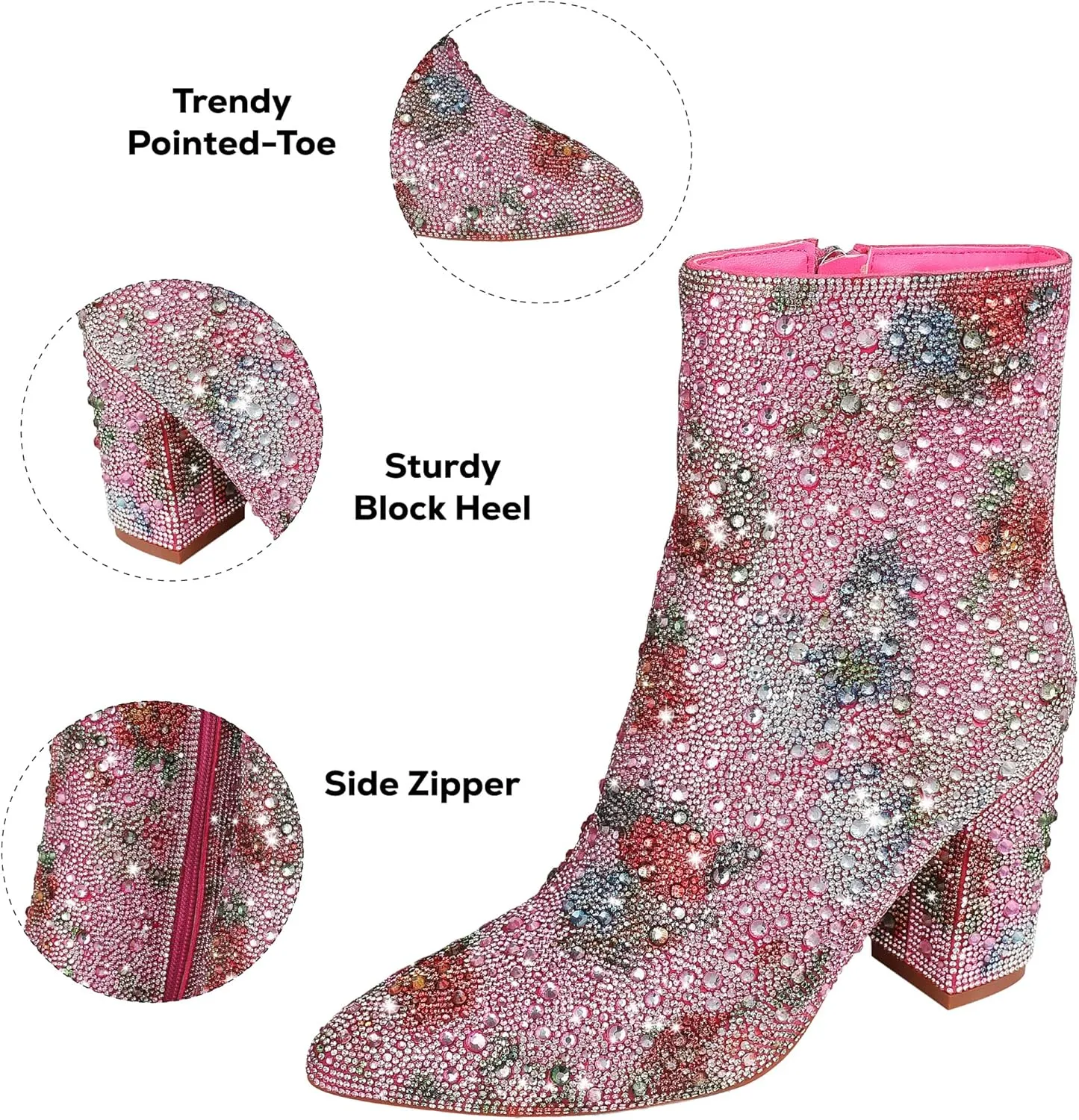 Erocalli Rhinestone Boots for Women Ankle Boots Sparkly Glitter Chunky Heel Hot Dressy Party Prom Date