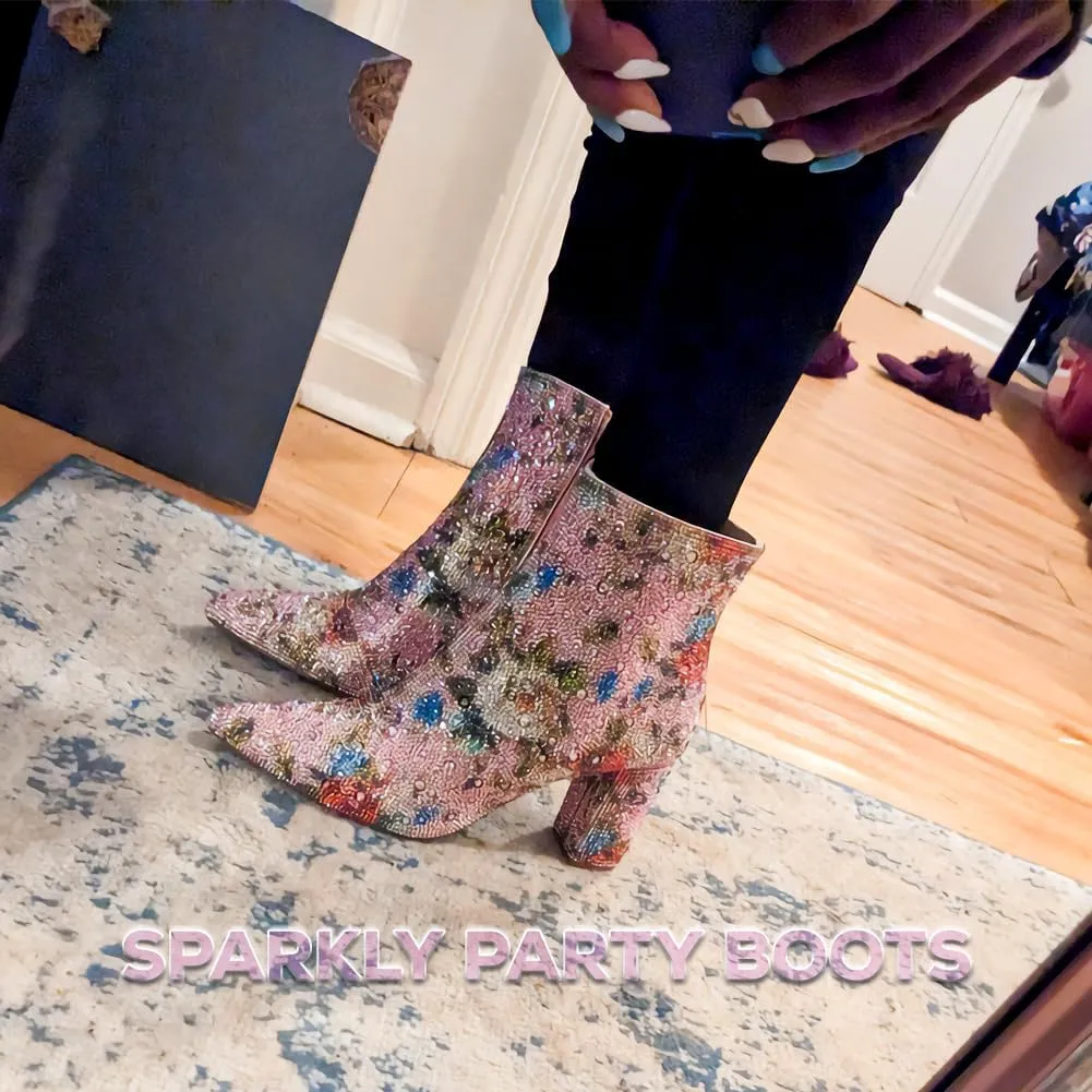 Erocalli Rhinestone Boots for Women Ankle Boots Sparkly Glitter Chunky Heel Hot Dressy Party Prom Date