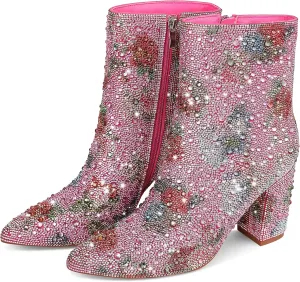 Erocalli Rhinestone Boots for Women Ankle Boots Sparkly Glitter Chunky Heel Hot Dressy Party Prom Date