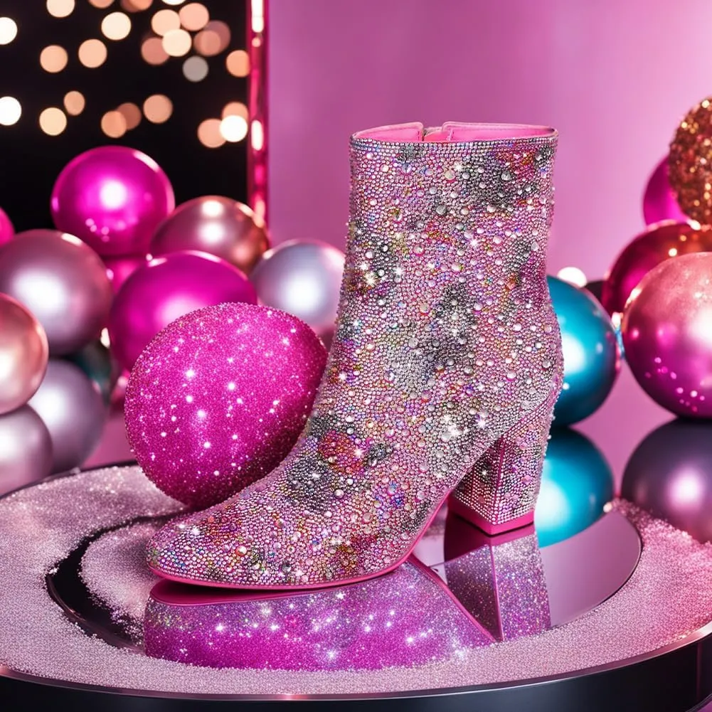 Erocalli Rhinestone Boots for Women Ankle Boots Sparkly Glitter Chunky Heel Hot Dressy Party Prom Date
