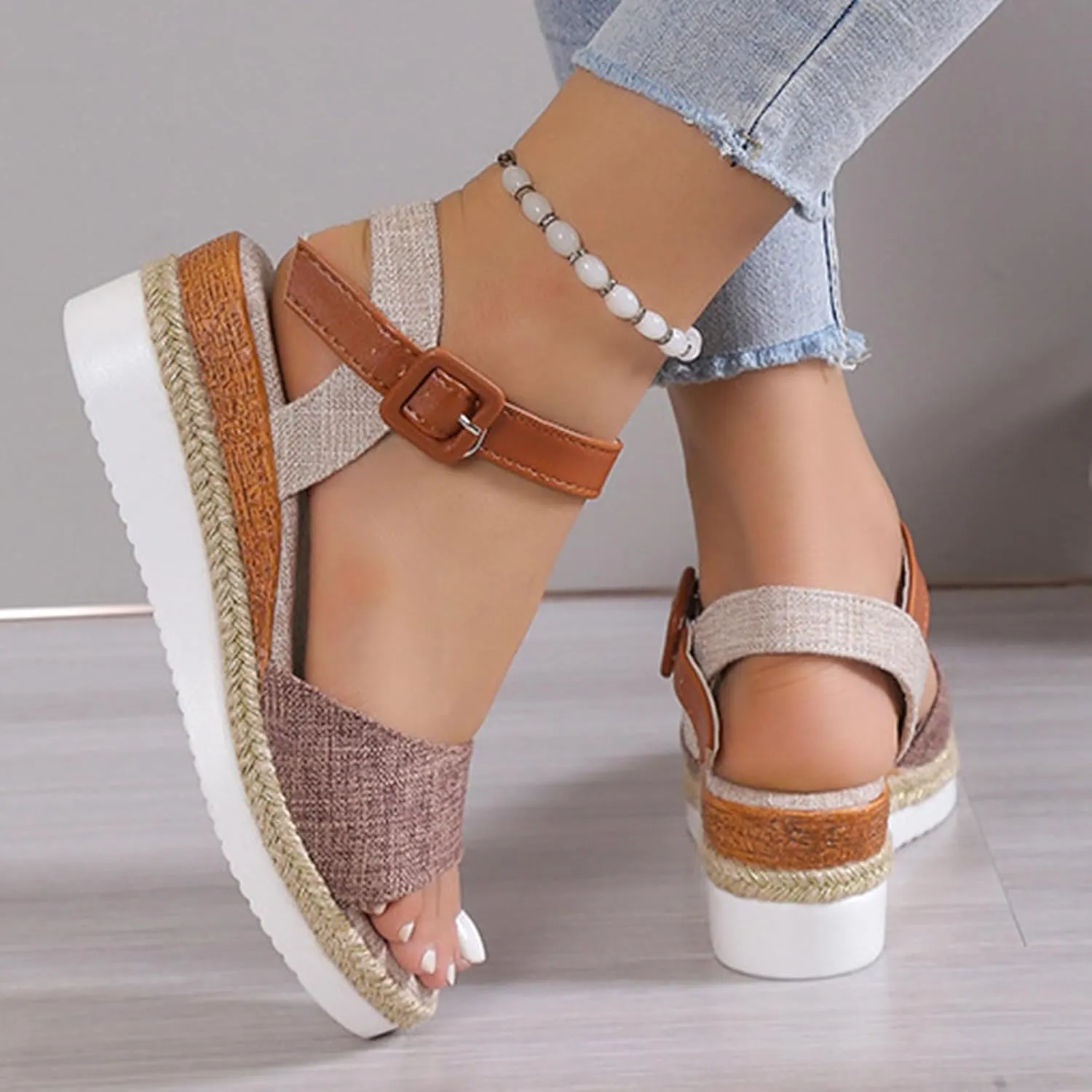 Espadrille Dressy Wedge Sandals Orthopedic Platform Espadrille Slip On Sandals Comfortable Fashion Braided Heels Shoes with Adjustable Ankle Strap Metal Buckle