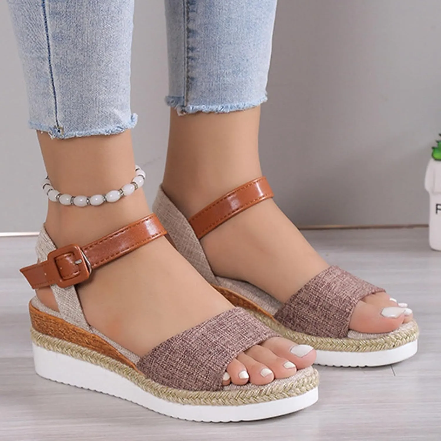 Espadrille Dressy Wedge Sandals Orthopedic Platform Espadrille Slip On Sandals Comfortable Fashion Braided Heels Shoes with Adjustable Ankle Strap Metal Buckle