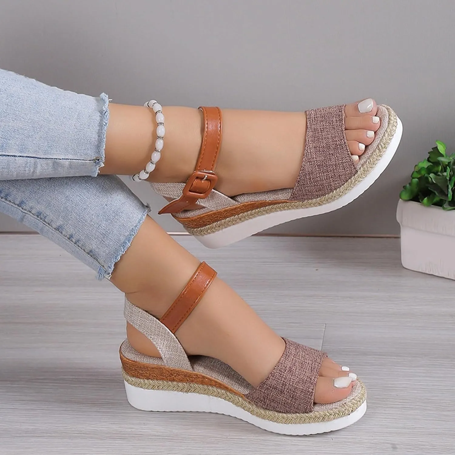Espadrille Dressy Wedge Sandals Orthopedic Platform Espadrille Slip On Sandals Comfortable Fashion Braided Heels Shoes with Adjustable Ankle Strap Metal Buckle