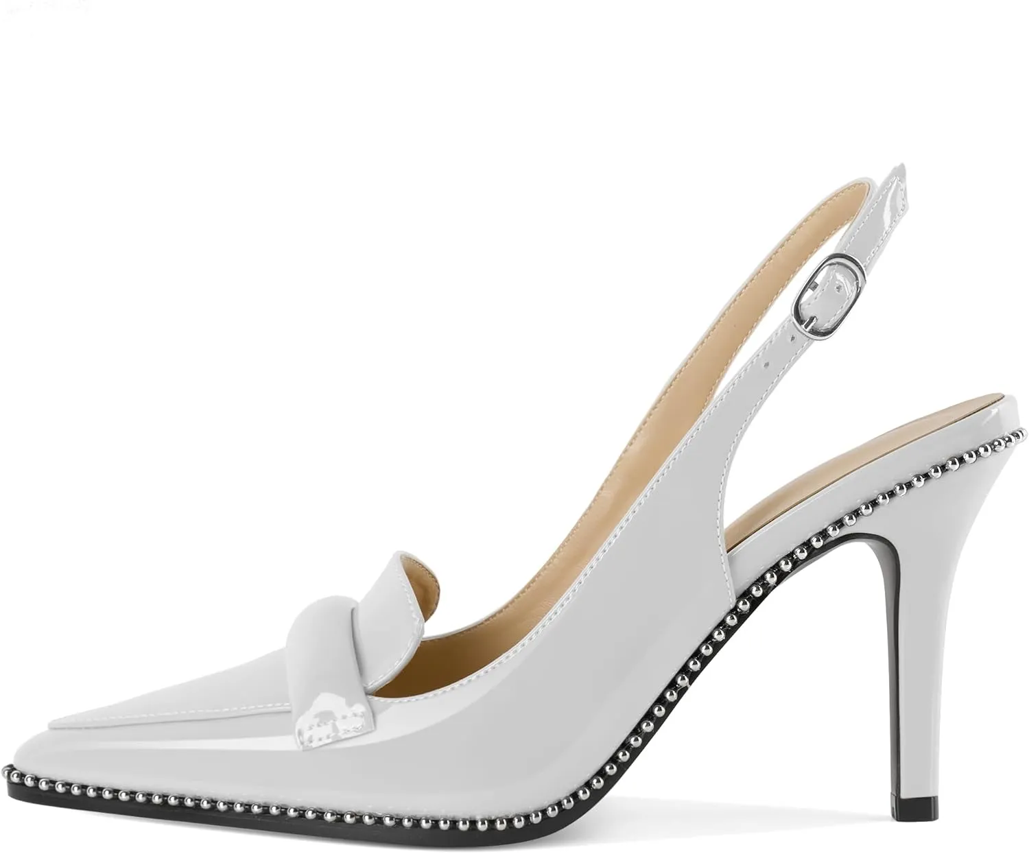 Esvowido Women 3.5" Slingback High Heel Pumps Stilettos Beaded Pointed Toe Shoes Slip On Loafers Pumps Patent Leather High Heel Shoes for Women