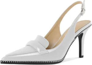Esvowido Women 3.5" Slingback High Heel Pumps Stilettos Beaded Pointed Toe Shoes Slip On Loafers Pumps Patent Leather High Heel Shoes for Women