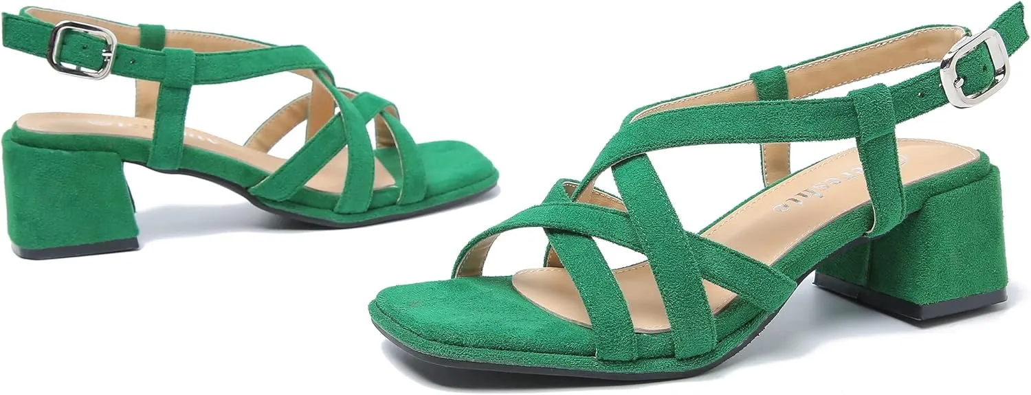 fereshte Women's Slingback Heeled Sandals Corss Straps Open Toe Strappy Low Block Heel Sandals