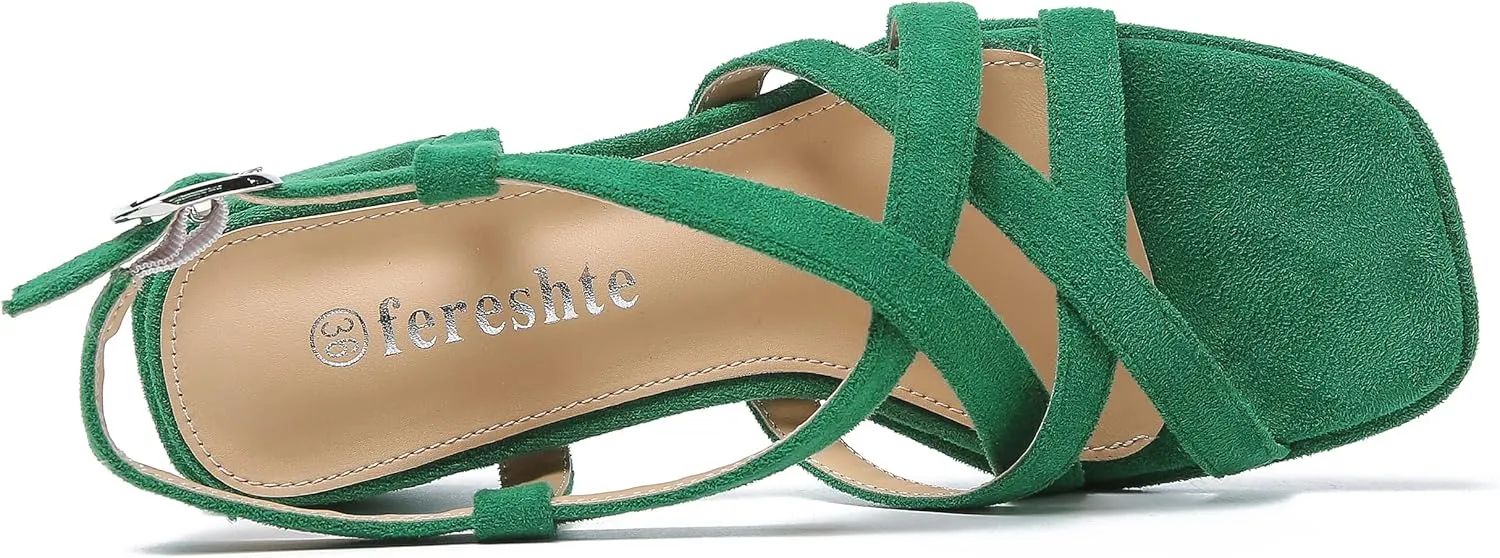 fereshte Women's Slingback Heeled Sandals Corss Straps Open Toe Strappy Low Block Heel Sandals