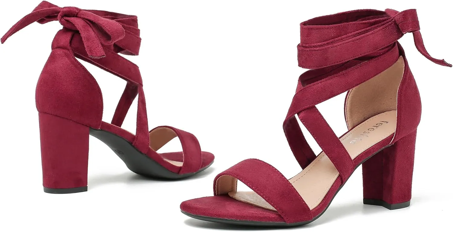 fereshte Women's Strappy Heels Lace Up Heels 3 Inch Chunky Block High Heel Dress Sandals