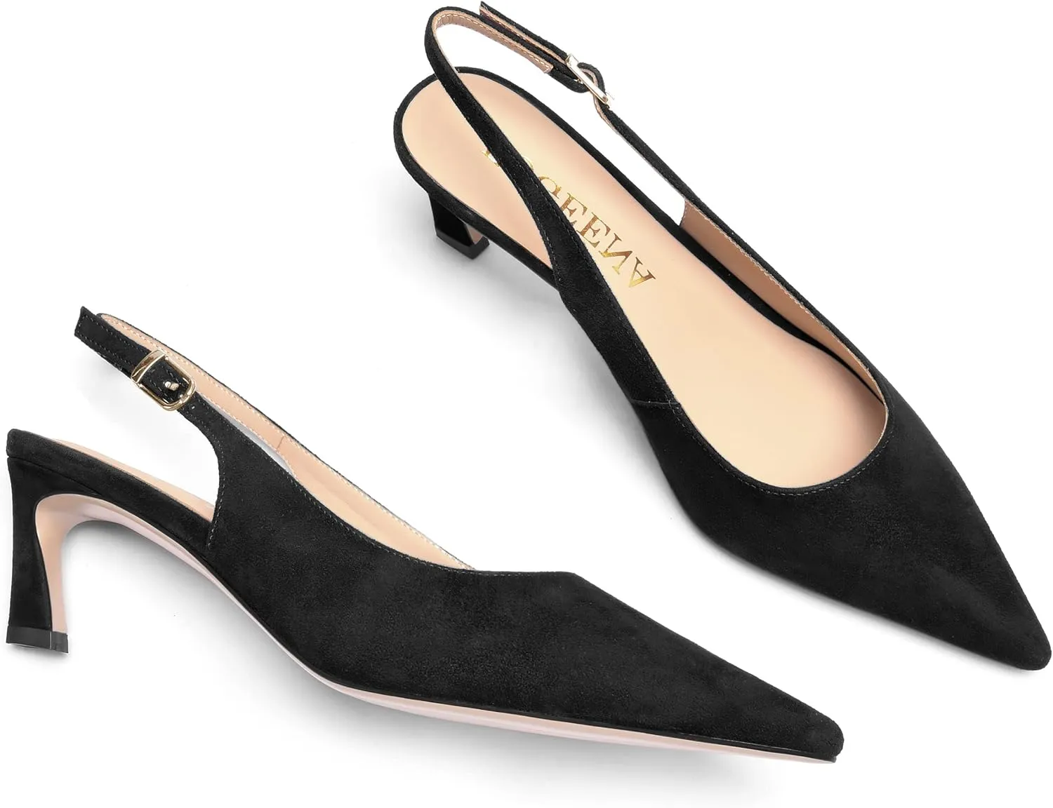 FOGEENA Womens Ankle Strap Night Club Pointed Toe Buckle Cute Suede Kitten Leather Low Heel Pumps Shoes 2 Inch