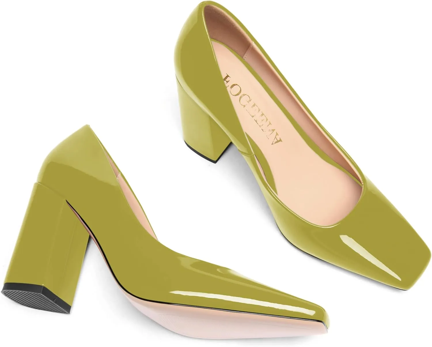 FOGEENA Womens Square Toe Slip On Sexy Patent Leather Party Block High Heel Pumps Shoes 3.34 Inch