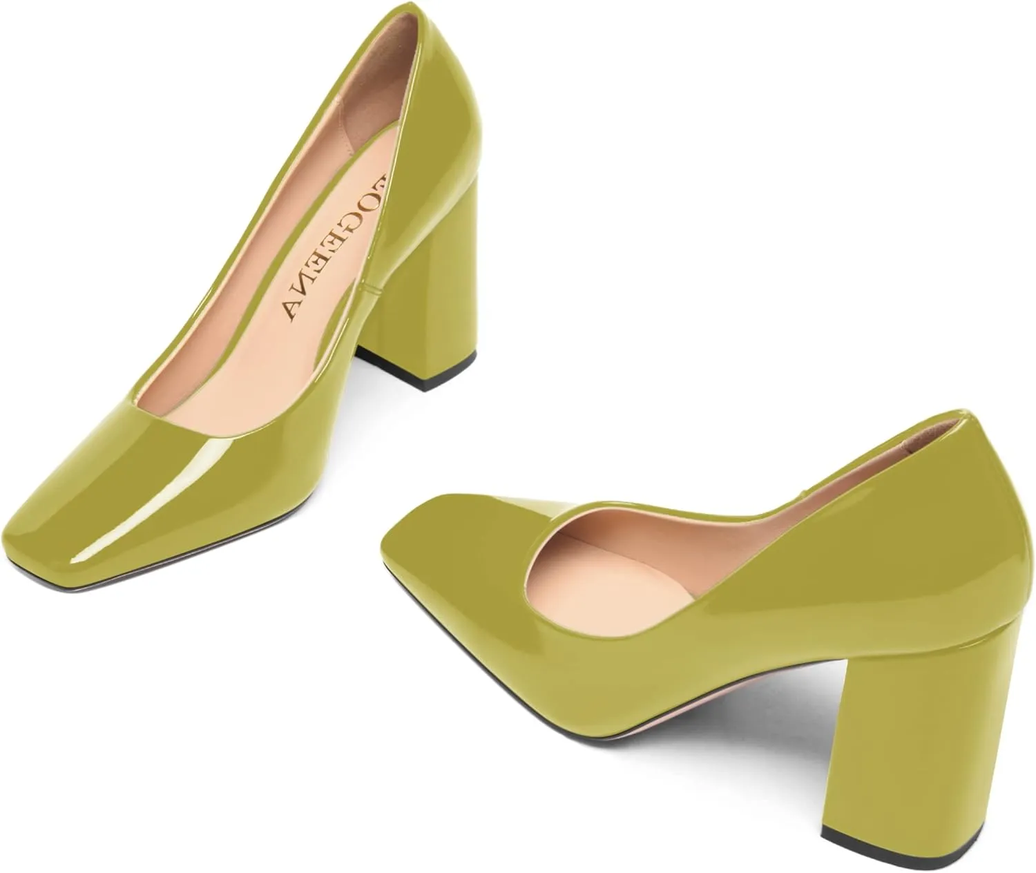 FOGEENA Womens Square Toe Slip On Sexy Patent Leather Party Block High Heel Pumps Shoes 3.34 Inch