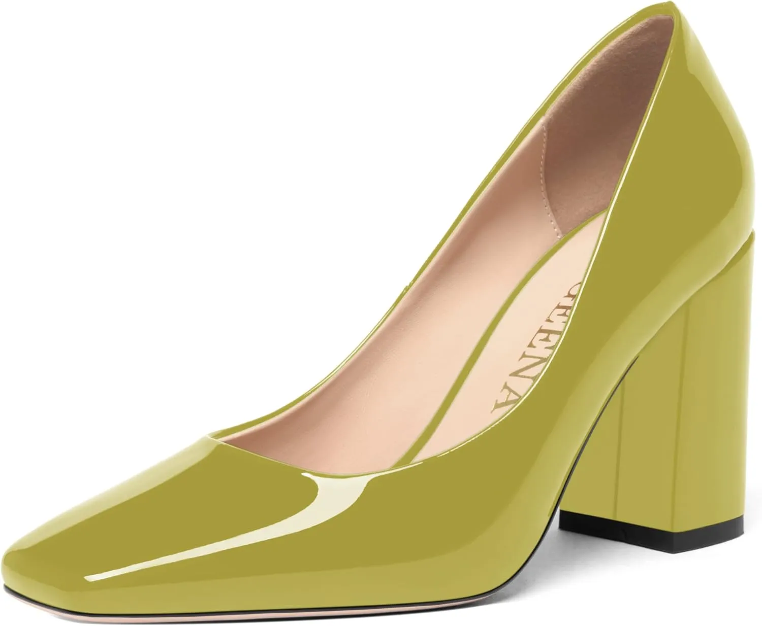 FOGEENA Womens Square Toe Slip On Sexy Patent Leather Party Block High Heel Pumps Shoes 3.34 Inch